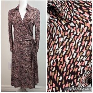 Jones New York wrap dress long sleeve collared stretch knit peach brown tan